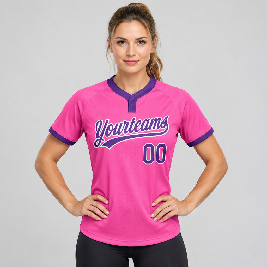 Custom Pink Two Button Softball Jersey with Purple and White Lettering worn by female model