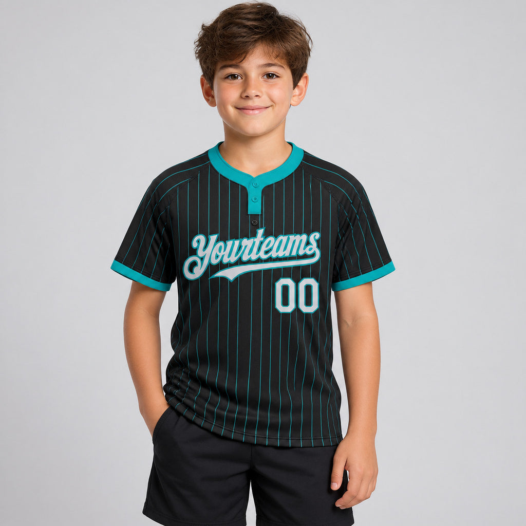 Custom Black Two Button Pinstripe Softball Jersey with Teal Lettering Design 0943 youth size worn by child model