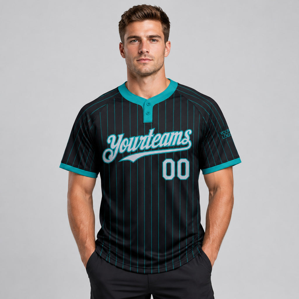 Custom Black Two Button Pinstripe Softball Jersey with Teal Lettering Design 0943 worn by male model