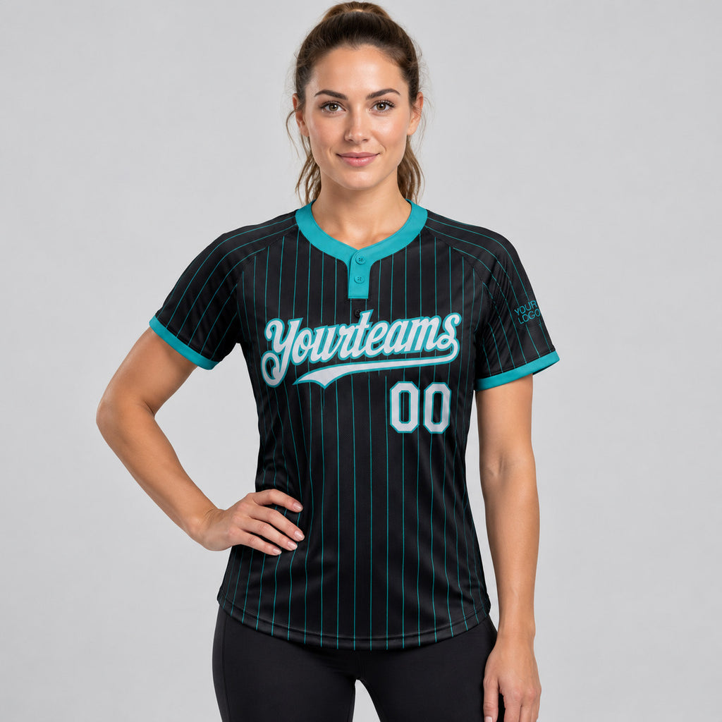 Custom Black Two Button Pinstripe Softball Jersey with Teal Lettering Design 0943 worn by female model