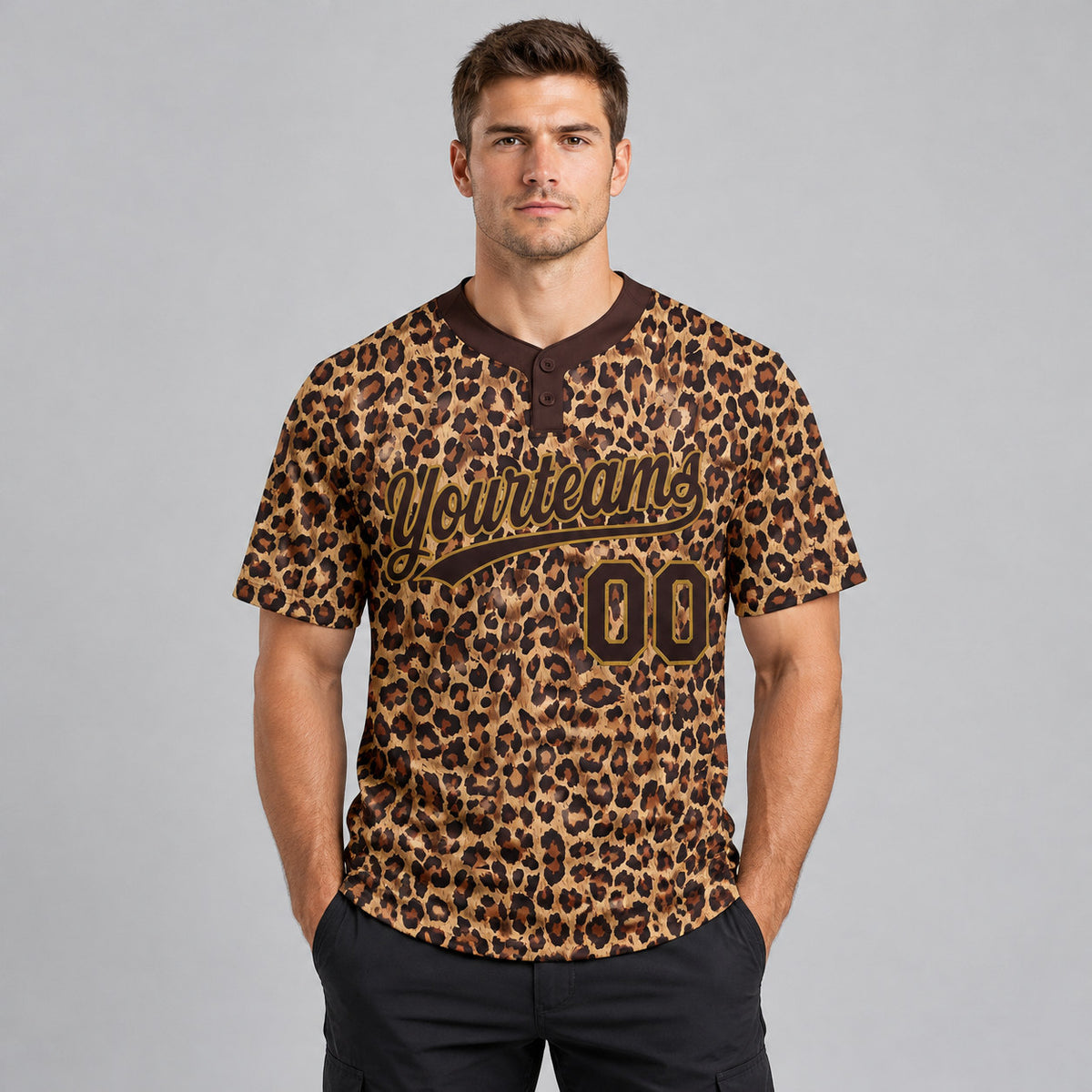 Custom Brown Leopard Two Button Softball Jersey with Brown and Old Gold Lettering worn by male model