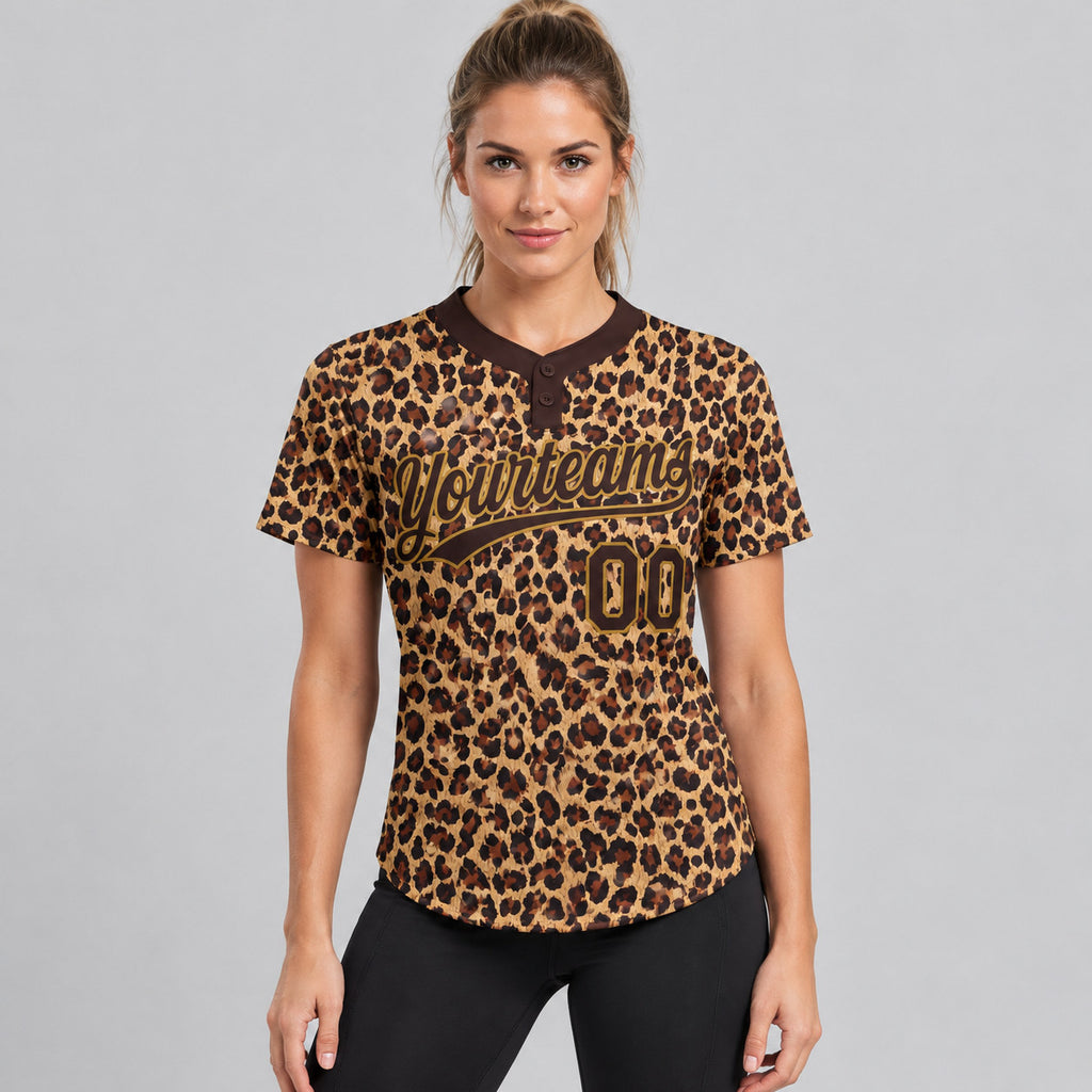 Custom Brown Leopard Two Button Softball Jersey with Brown and Old Gold Lettering worn by female model