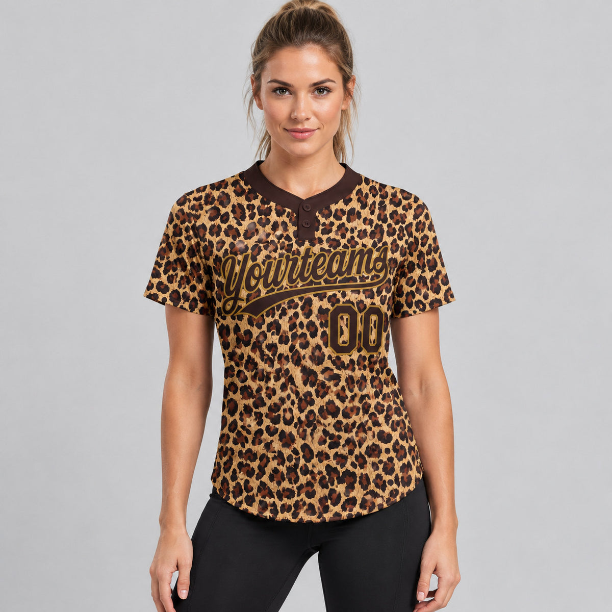 Custom Brown Leopard Two Button Softball Jersey with Brown and Old Gold Lettering worn by female model