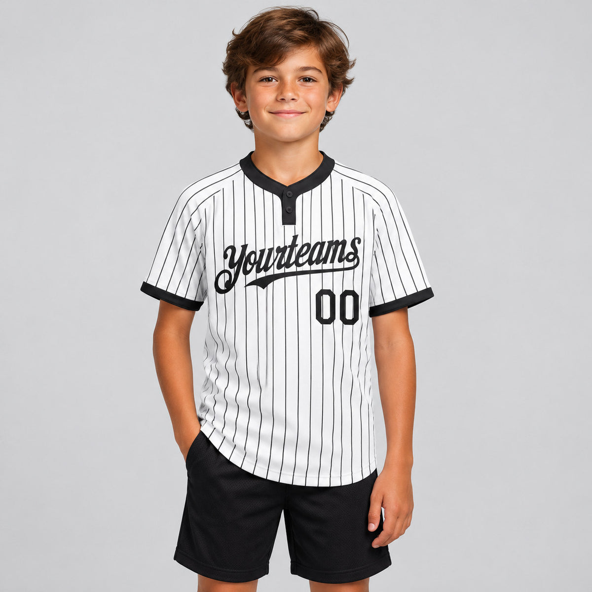 Custom White Two Button Pinstripe Softball Jersey with Black Lettering Design 0777 youth size worn by child model