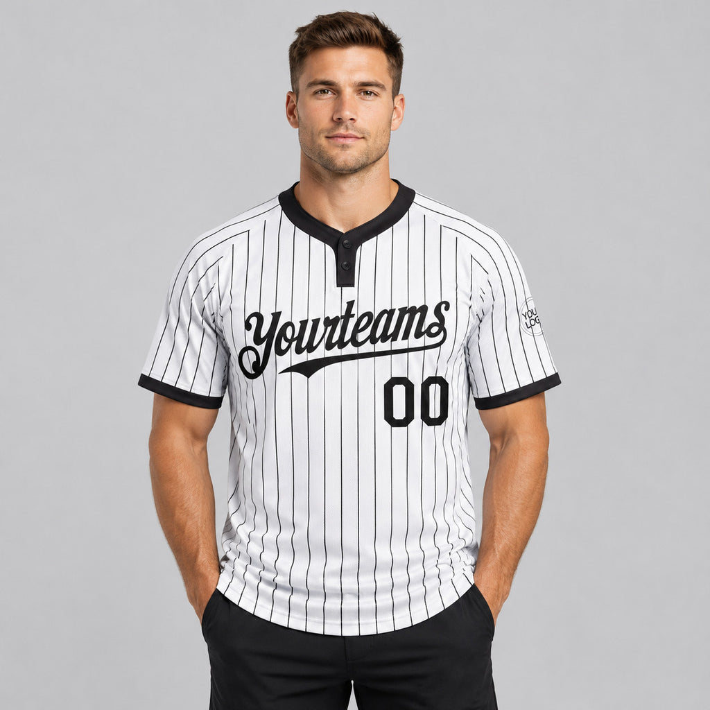 Custom White Two Button Pinstripe Softball Jersey with Black Lettering Design 0777 worn by male model