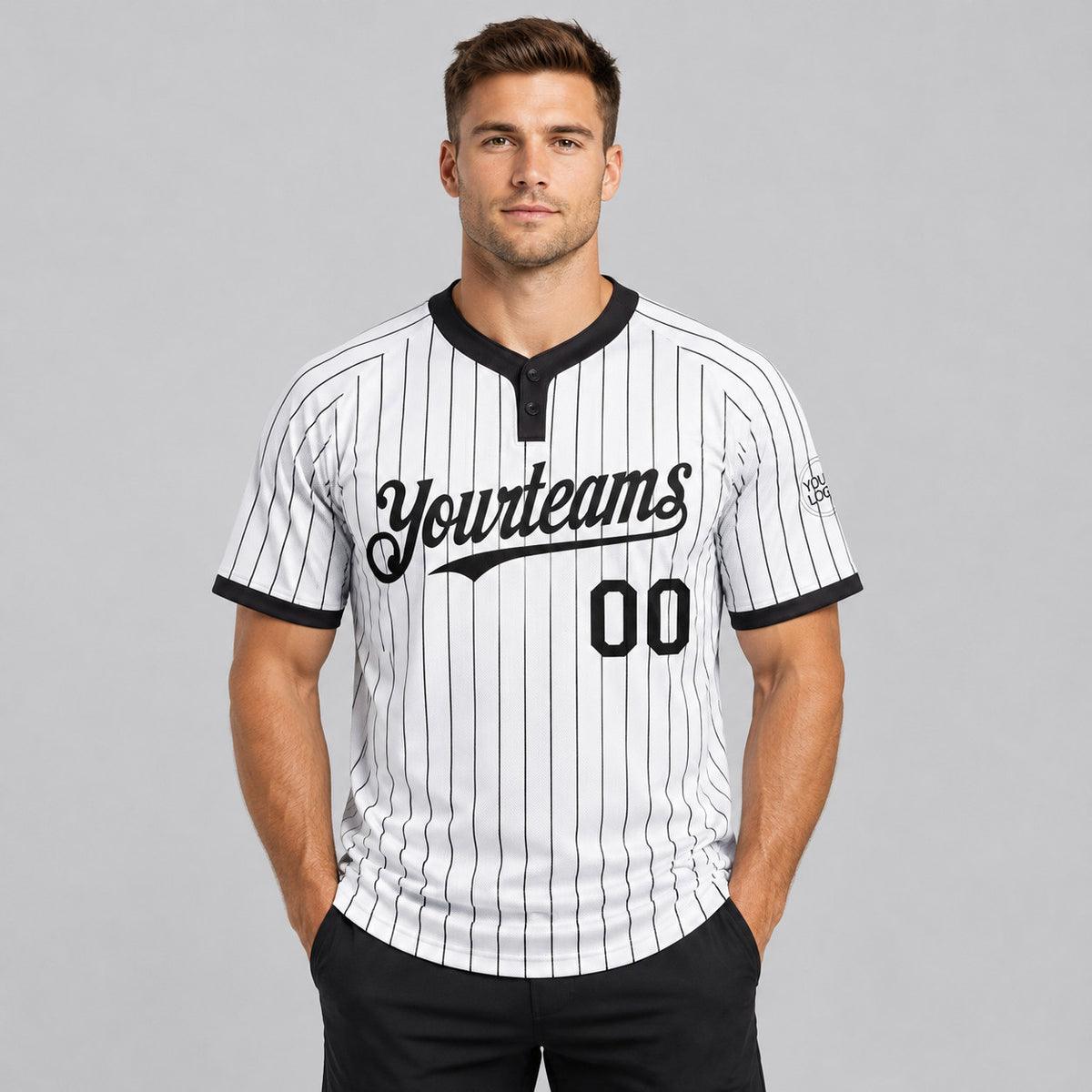 Custom White Two Button Pinstripe Softball Jersey with Black Lettering Design 0777 worn by male model