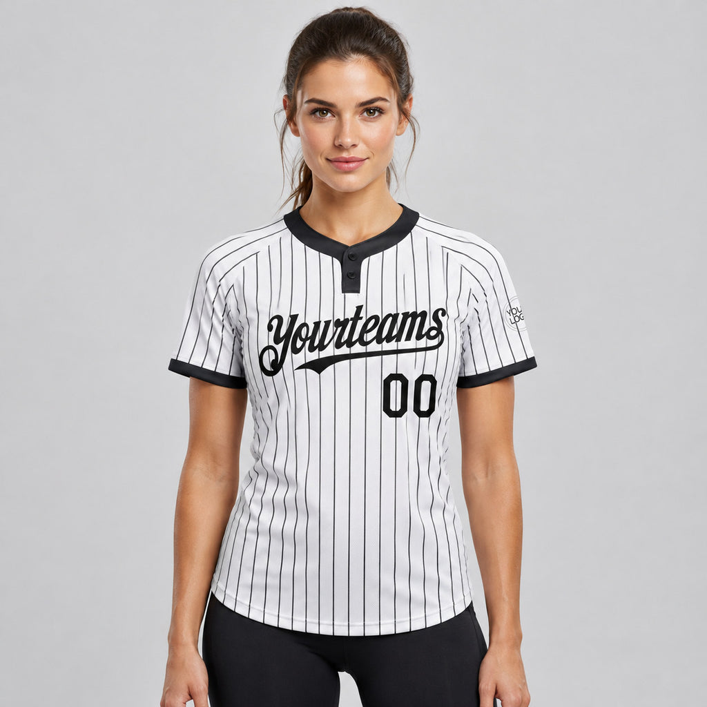 Custom White Two Button Pinstripe Softball Jersey with Black Lettering Design 0777 worn by female model