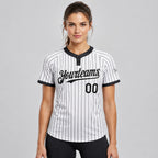 Custom White Two Button Pinstripe Softball Jersey with Black Lettering Design 0777 worn by female model