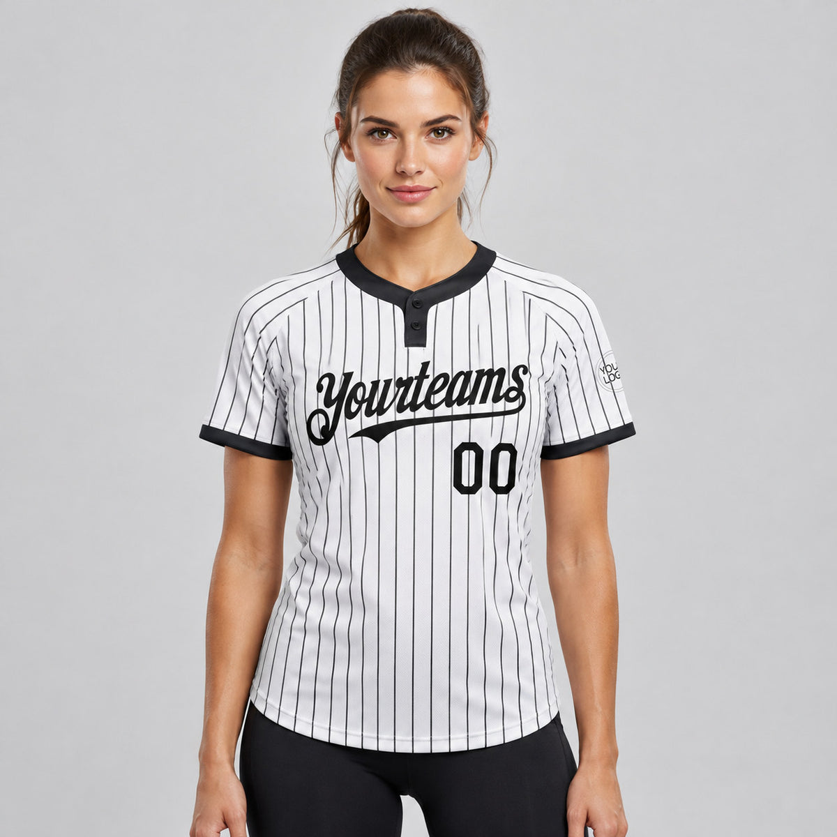 Custom White Two Button Pinstripe Softball Jersey with Black Lettering Design 0777 worn by female model
