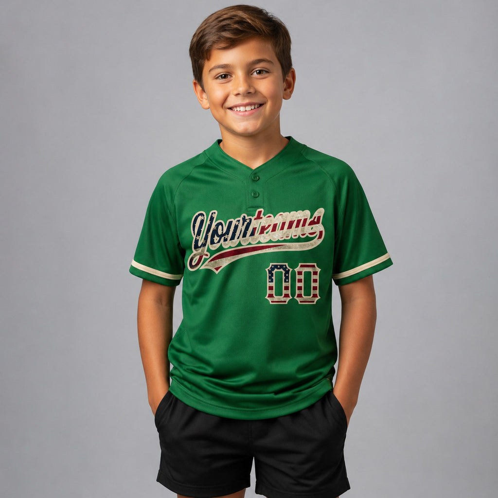 Custom Kelly Green Vintage USA Flag Two Button Softball Jersey with City Cream Lettering youth size worn by child model