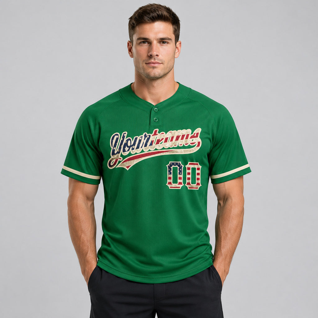 Custom Kelly Green Vintage USA Flag Two Button Softball Jersey with City Cream Lettering worn by male model