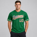 Custom Kelly Green Vintage USA Flag Two Button Softball Jersey with City Cream Lettering worn by male model