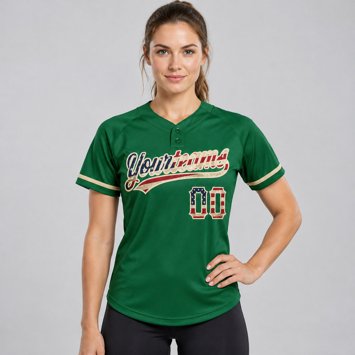 Custom Kelly Green Vintage USA Flag Two Button Softball Jersey with City Cream Lettering worn by female model