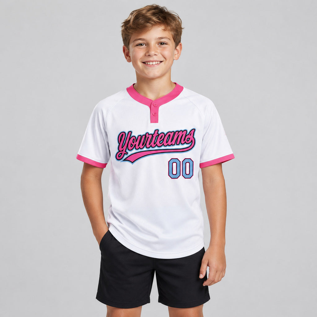 Custom White and Light Blue Two Button Softball Jersey with Black and Pink Lettering Design 0248 youth size worn by child model