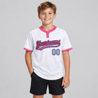 Custom White and Light Blue Two Button Softball Jersey with Black and Pink Lettering Design 0248 youth size worn by child model