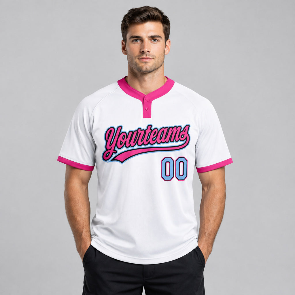 Custom White and Light Blue Two Button Softball Jersey with Black and Pink Lettering Design 0248 worn by male model