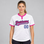 Custom White and Light Blue Two Button Softball Jersey with Black and Pink Lettering Design 0248 worn by female model