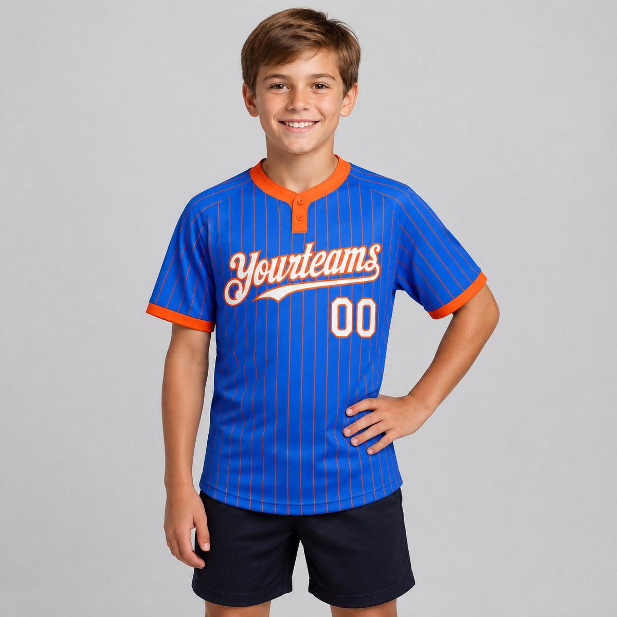 Custom Thunder Blue Two Button Pinstripe Softball Jersey with Orange Lettering youth size worn by child model
