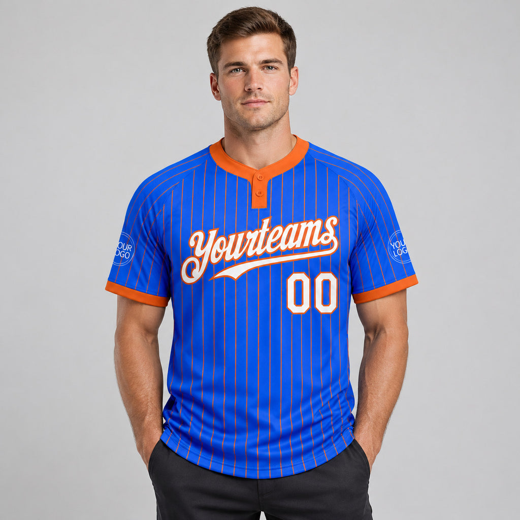Custom Thunder Blue Two Button Pinstripe Softball Jersey with Orange Lettering worn by male model