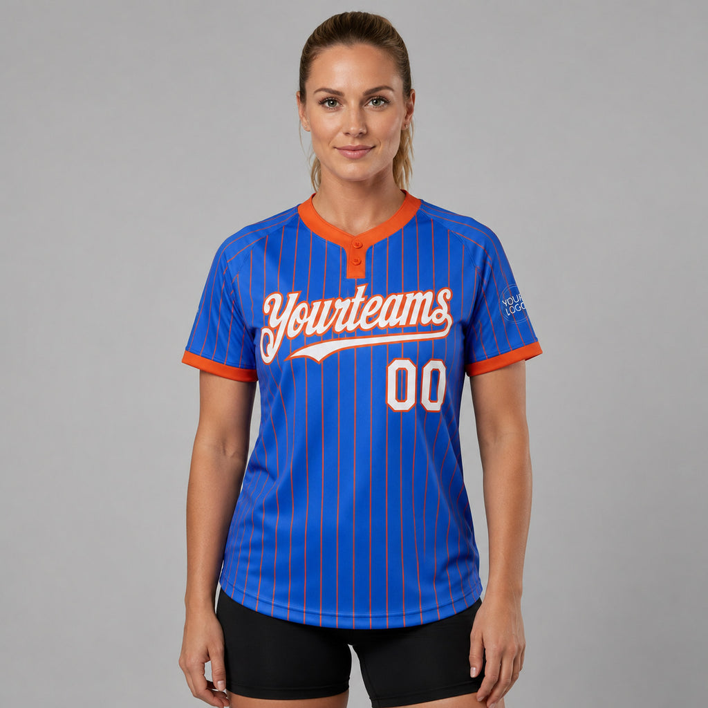 Custom Thunder Blue Two Button Pinstripe Softball Jersey with Orange Lettering worn by female model