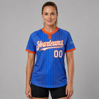 Custom Thunder Blue Two Button Pinstripe Softball Jersey with Orange Lettering worn by female model