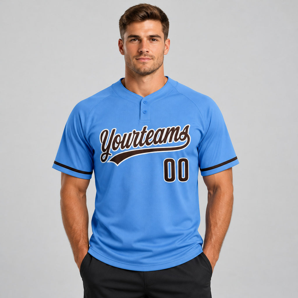 Custom Powder Blue Two Button Softball Jersey with Brown and White Lettering worn by male model