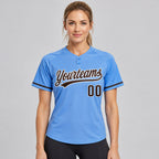 Custom Powder Blue Two Button Softball Jersey with Brown and White Lettering worn by female model