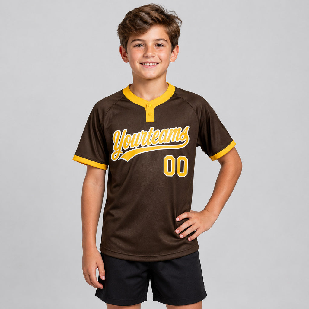 Custom Brown Two Button Softball Jersey with Gold and White Lettering Design 0169 youth size worn by child model