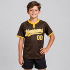Custom Brown Two Button Softball Jersey with Gold and White Lettering Design 0169 youth size worn by child model