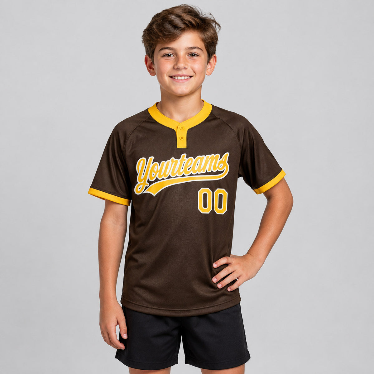 Custom Brown Two Button Softball Jersey with Gold and White Lettering Design 0169 youth size worn by child model
