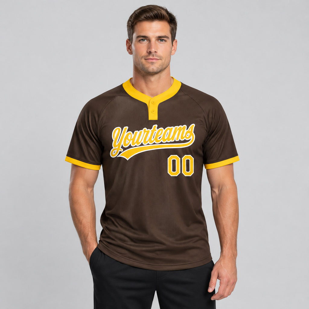 Custom Brown Two Button Softball Jersey with Gold and White Lettering Design 0169 worn by male model