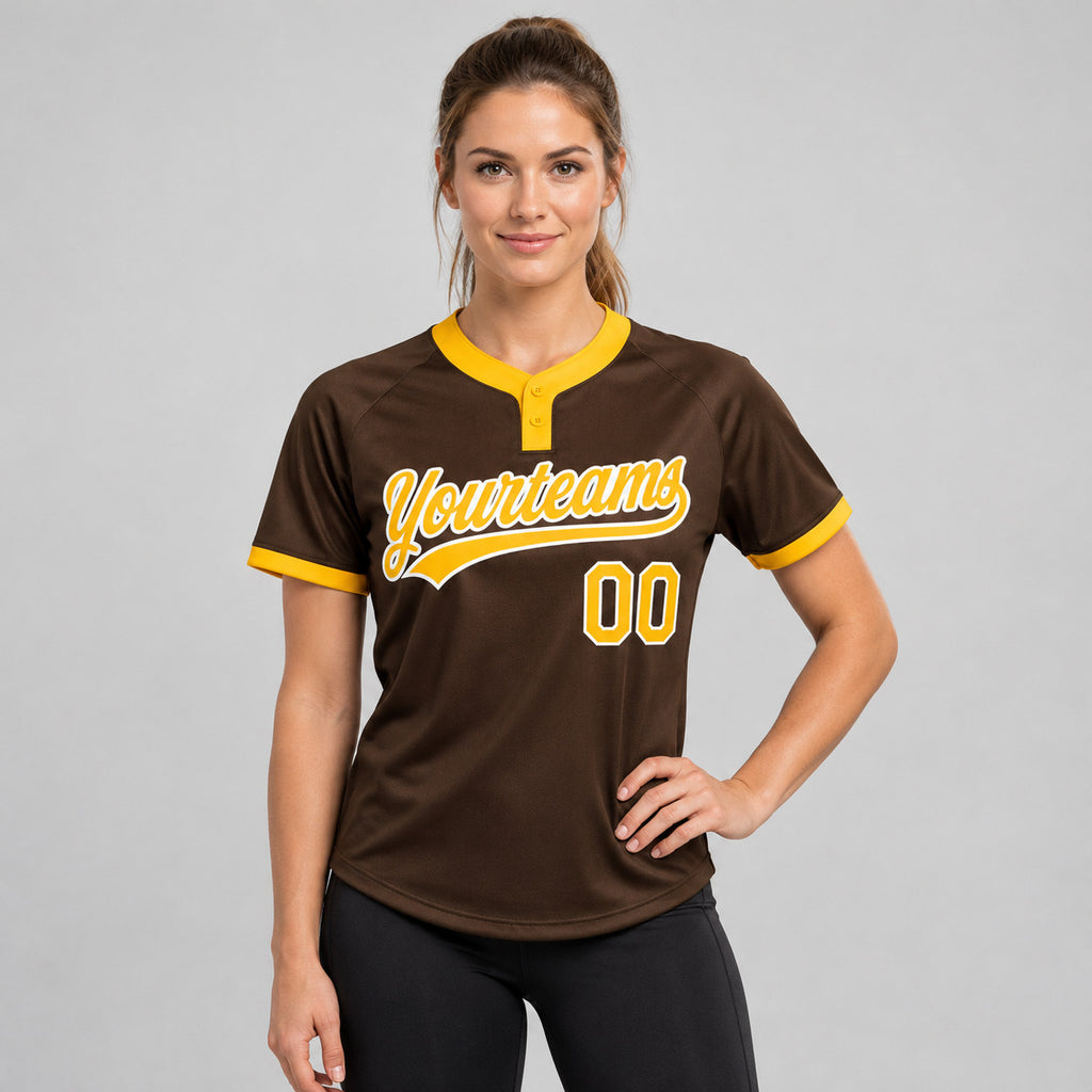 Custom Brown Two Button Softball Jersey with Gold and White Lettering Design 0169 worn by female model