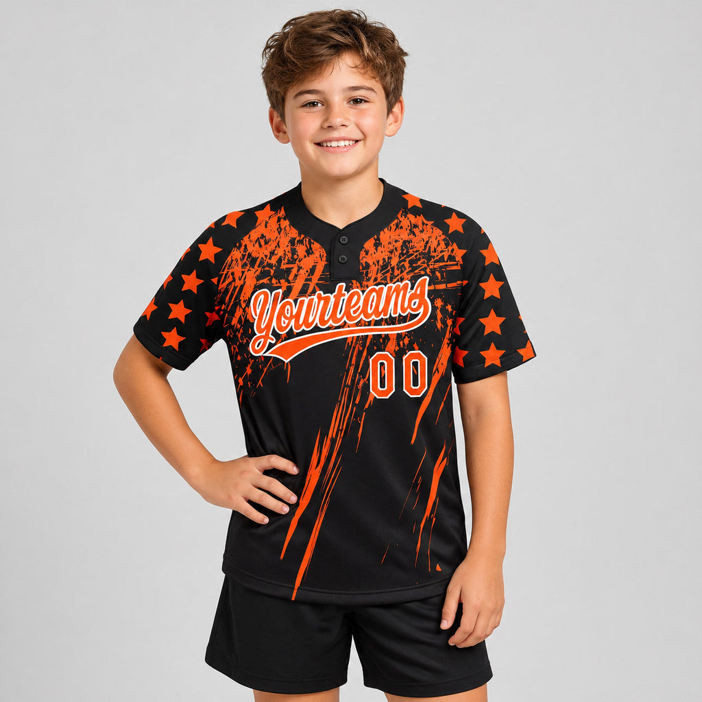 Custom Black Distressed Scratch Raglan Sleeves Two Button Softball Jersey with Orange and White Lettering youth size worn by child model