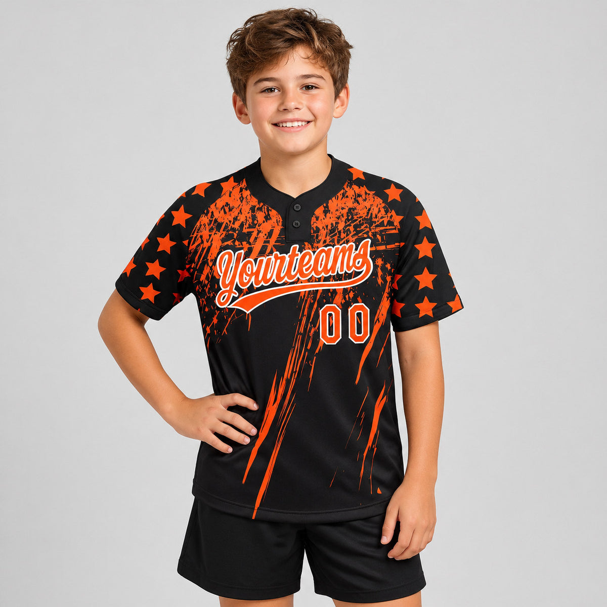 Custom Black Distressed Scratch Raglan Sleeves Two Button Softball Jersey with Orange and White Lettering youth size worn by child model