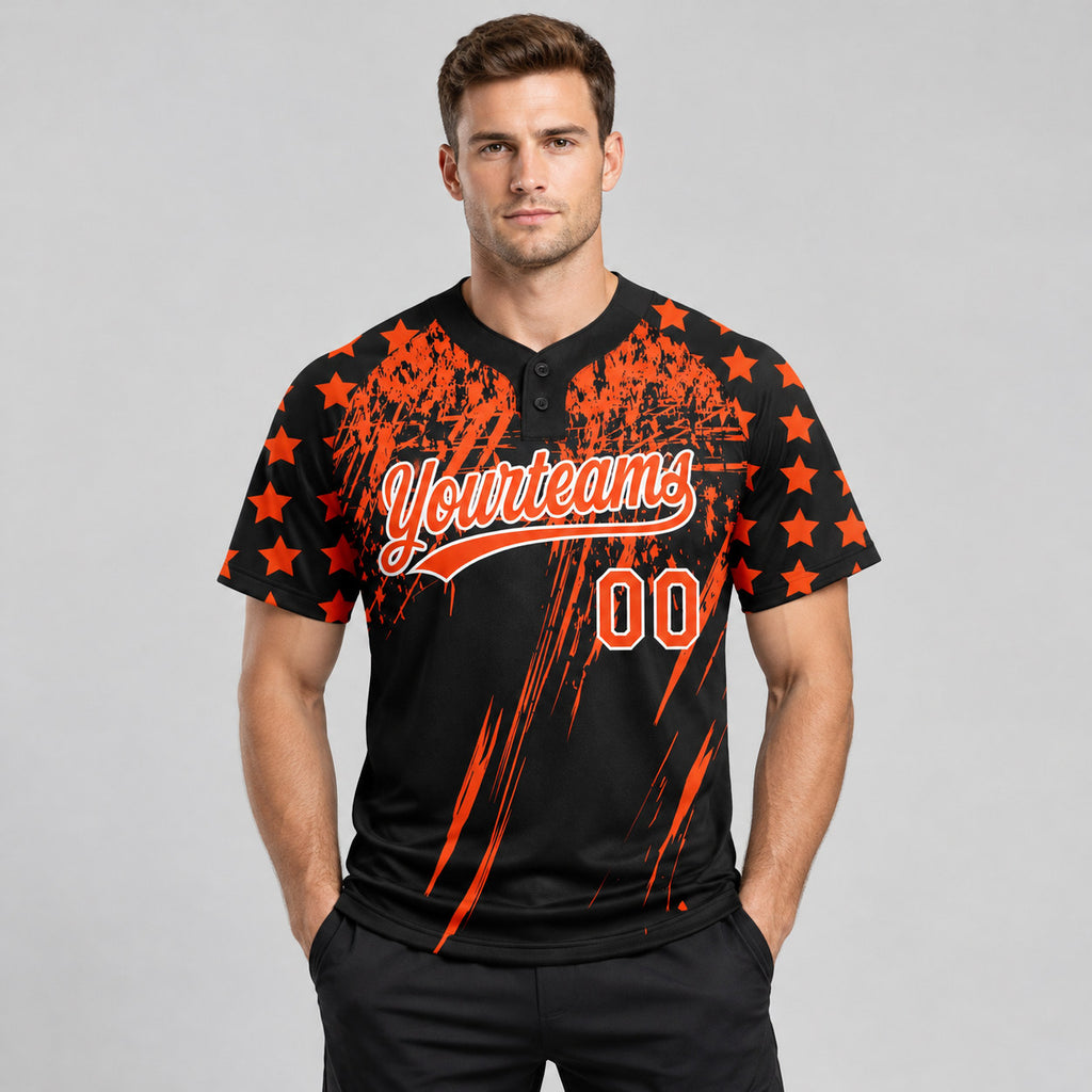 Custom Black Distressed Scratch Raglan Sleeves Two Button Softball Jersey with Orange and White Lettering worn by male model