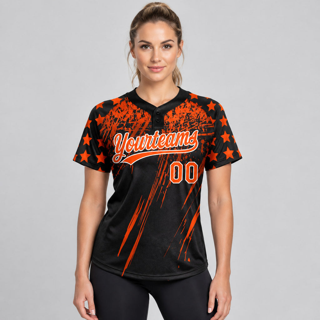 Custom Black Distressed Scratch Raglan Sleeves Two Button Softball Jersey with Orange and White Lettering worn by female model