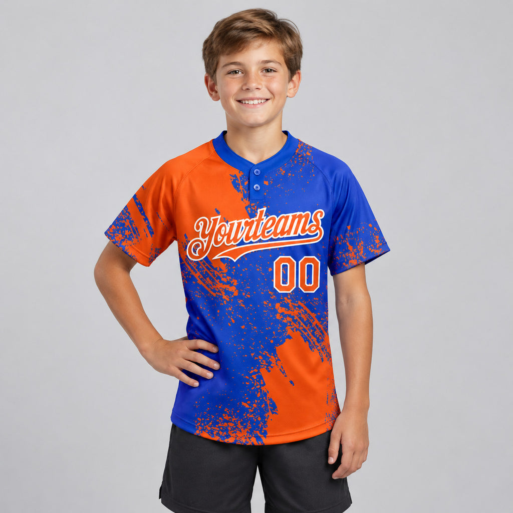 Custom Orange Abstract Brush Stroke Two Button Softball Jersey with Thunder Blue and White Lettering youth size worn by child model