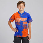 Custom Orange Abstract Brush Stroke Two Button Softball Jersey with Thunder Blue and White Lettering youth size worn by child model