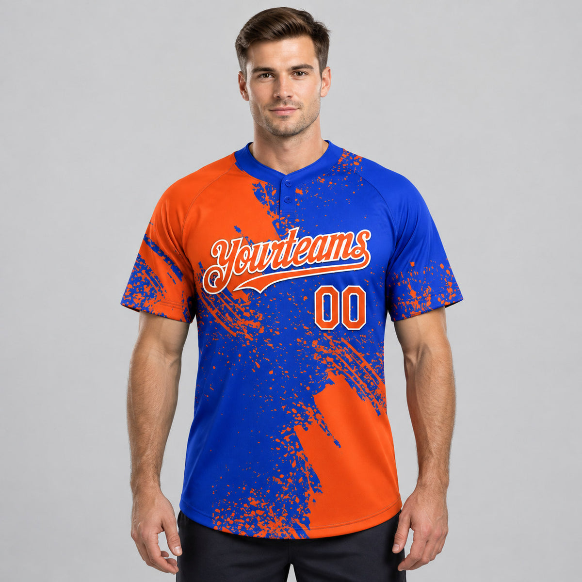 Custom Orange Abstract Brush Stroke Two Button Softball Jersey with Thunder Blue and White Lettering worn by male model