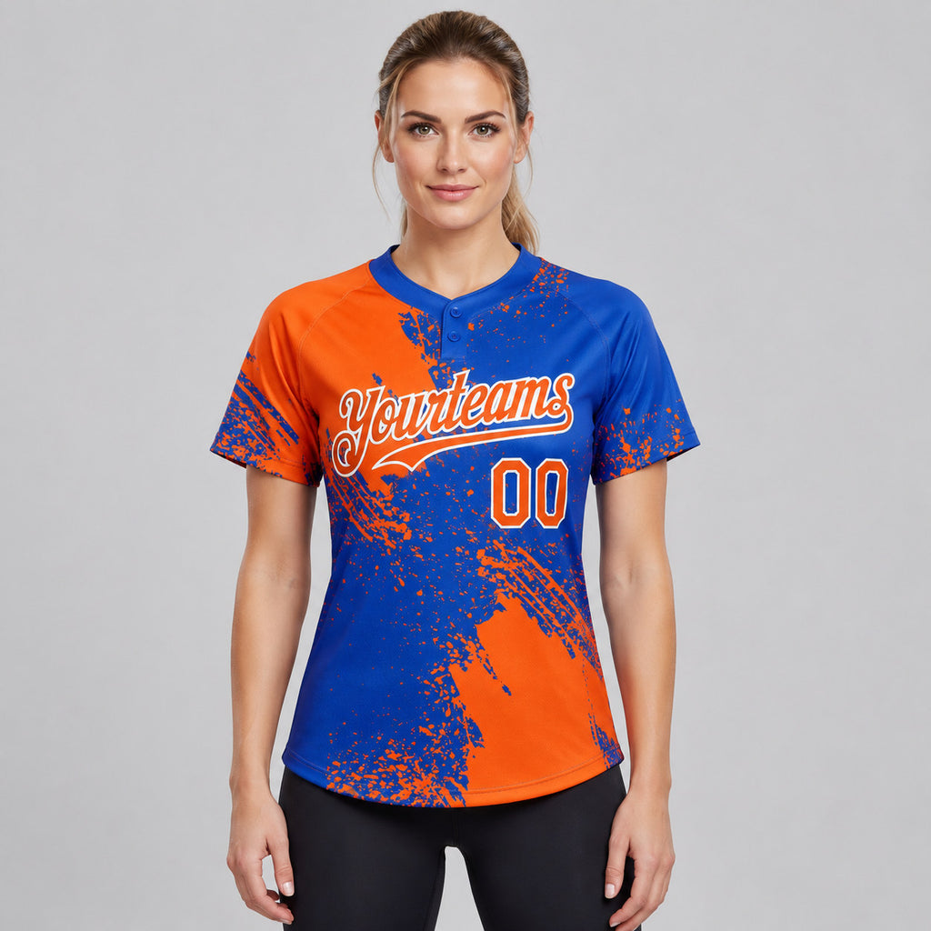 Custom Orange Abstract Brush Stroke Two Button Softball Jersey with Thunder Blue and White Lettering worn by female model