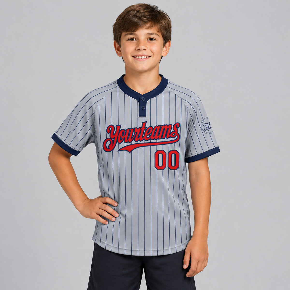 Custom Gray Two Button Pinstripe Softball Jersey with Navy Lettering Design 1228 youth size worn by child model