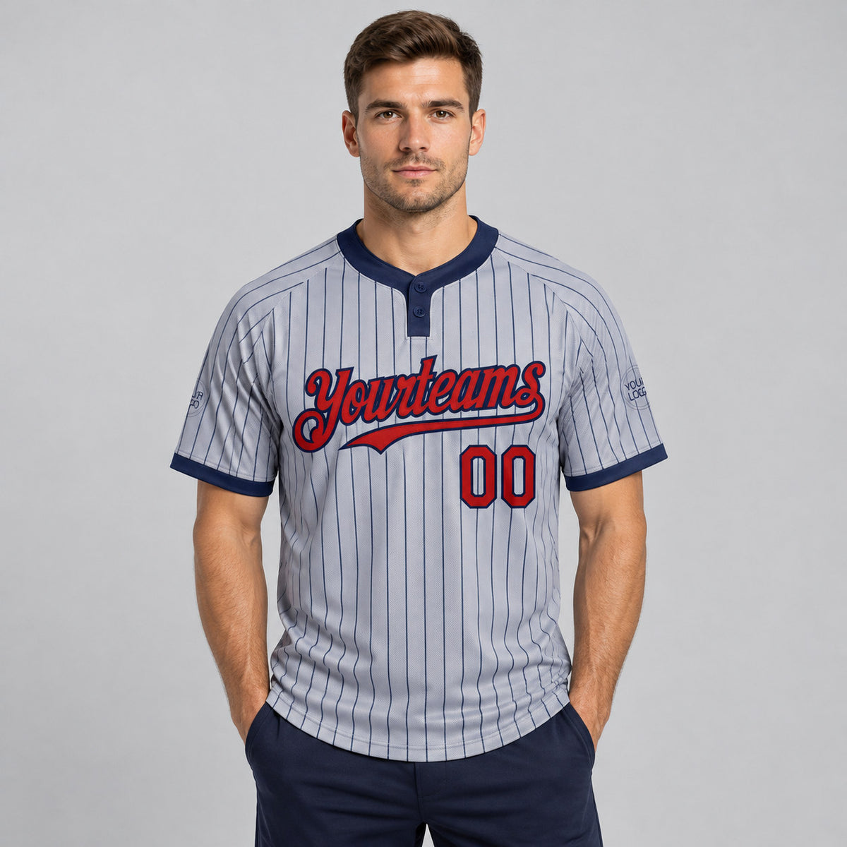 Custom Gray Two Button Pinstripe Softball Jersey with Navy Lettering Design 1228 worn by male model