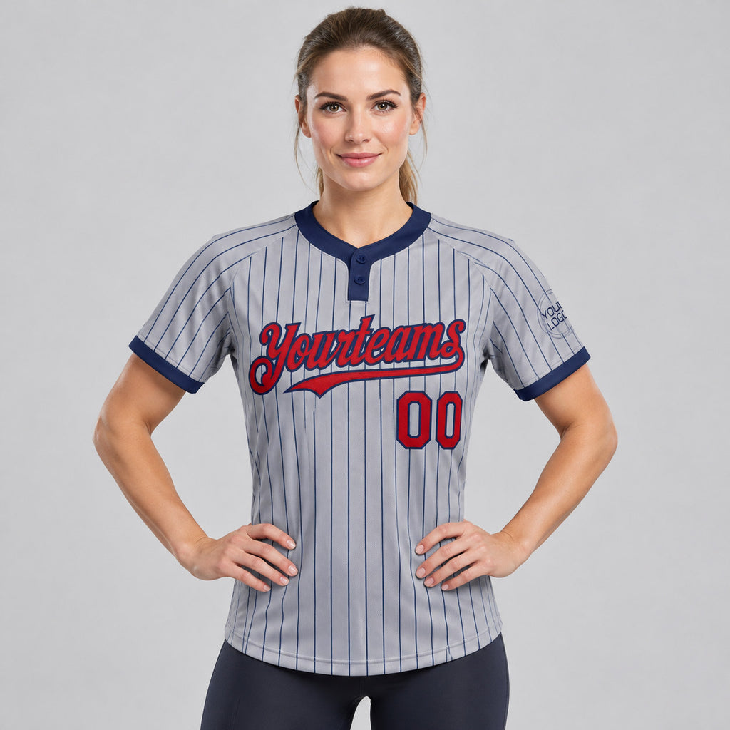 Custom Gray Two Button Pinstripe Softball Jersey with Navy Lettering Design 1228 worn by female model