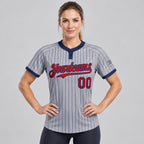 Custom Gray Two Button Pinstripe Softball Jersey with Navy Lettering Design 1228 worn by female model