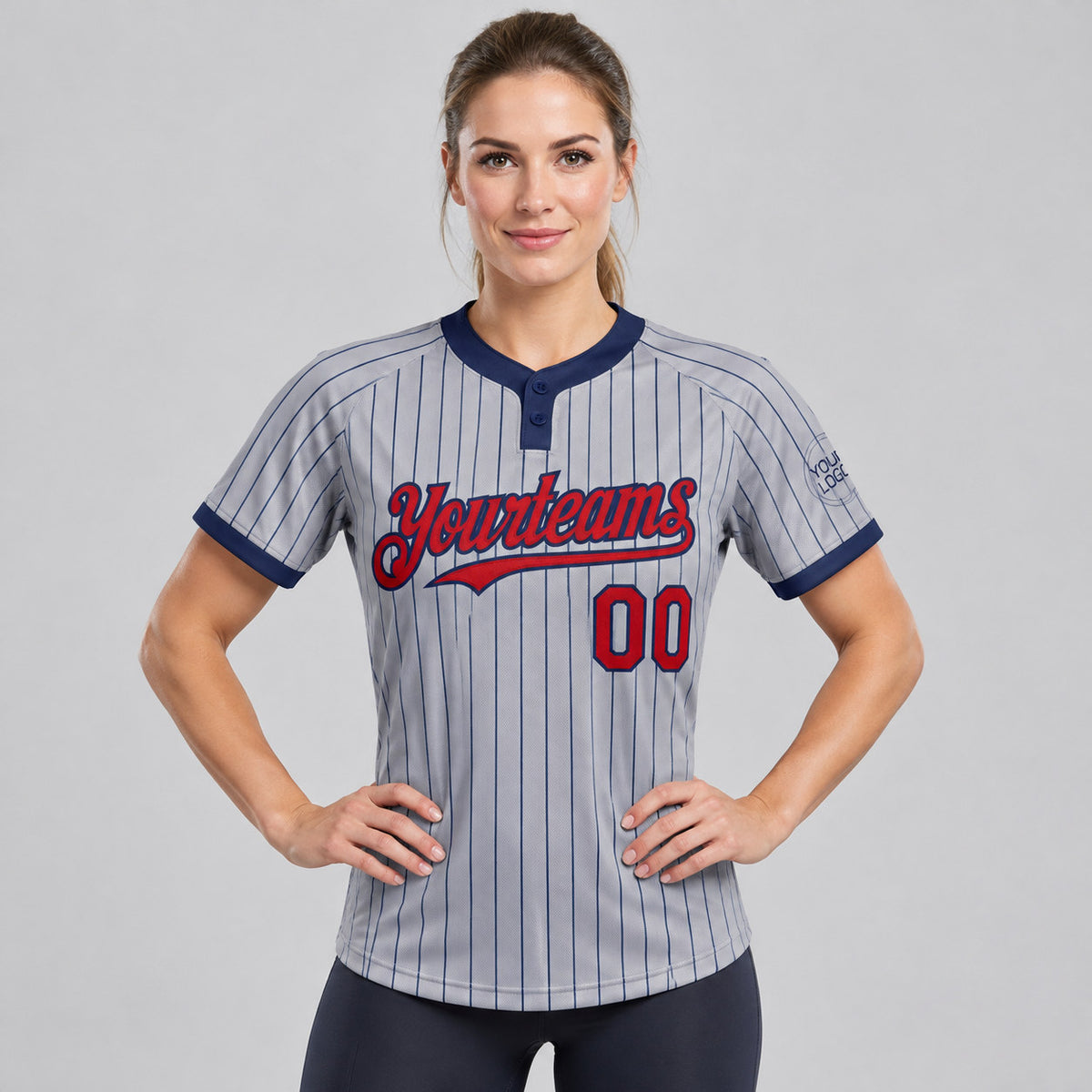 Custom Gray Two Button Pinstripe Softball Jersey with Navy Lettering Design 1228 worn by female model