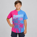 Custom Pink Hawaii Coconut Trees Two Button Softball Jersey with Light Blue and White Lettering youth size worn by child model