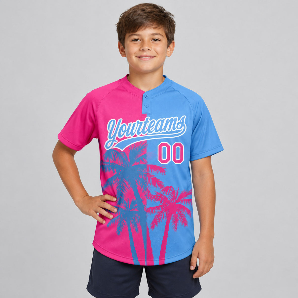 Custom Pink Hawaii Coconut Trees Two Button Softball Jersey with Light Blue and White Lettering youth size worn by child model
