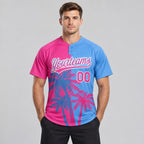 Custom Pink Hawaii Coconut Trees Two Button Softball Jersey with Light Blue and White Lettering worn by male model