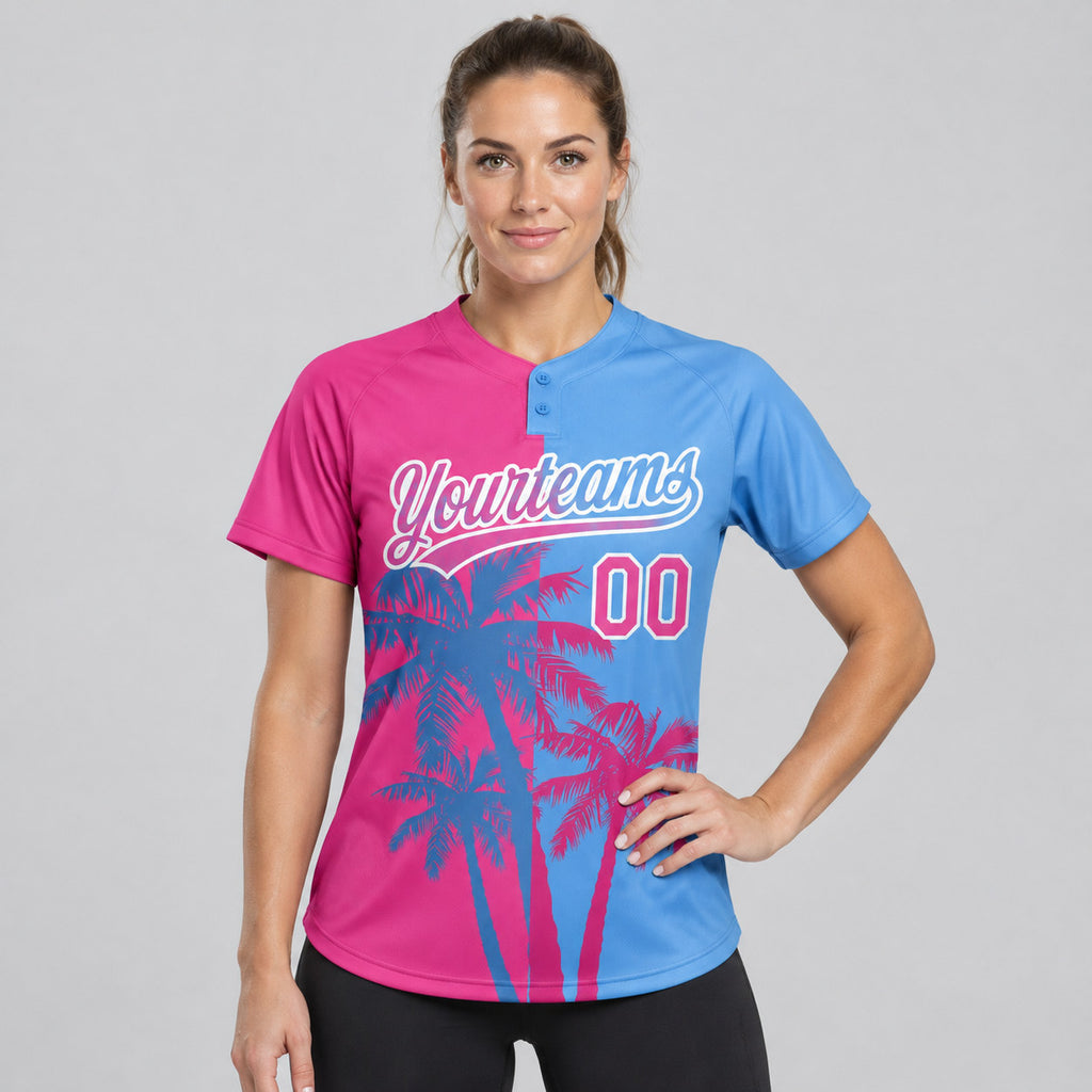 Custom Pink Hawaii Coconut Trees Two Button Softball Jersey with Light Blue and White Lettering worn by female model