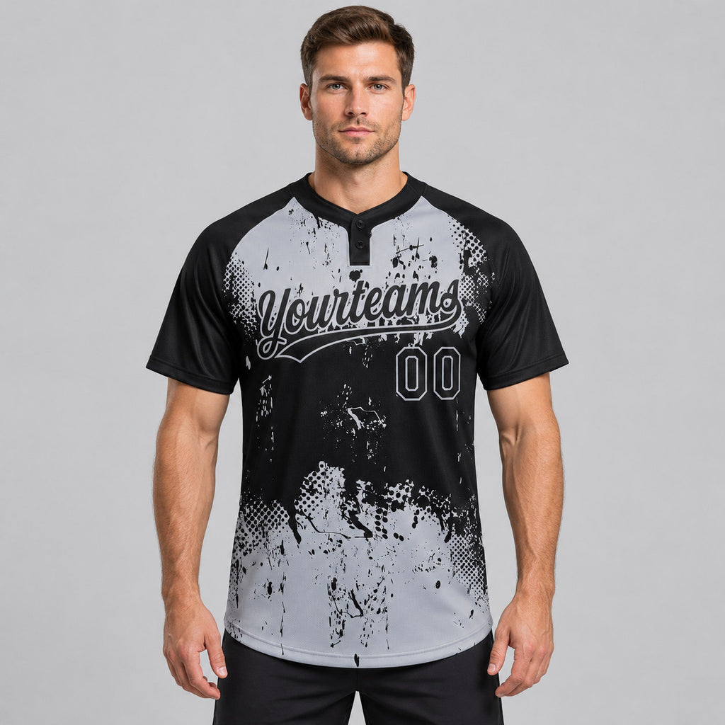 Custom Black Abstract Splatter Grunge Art Two Button Softball Jersey with Gray Lettering worn by male model